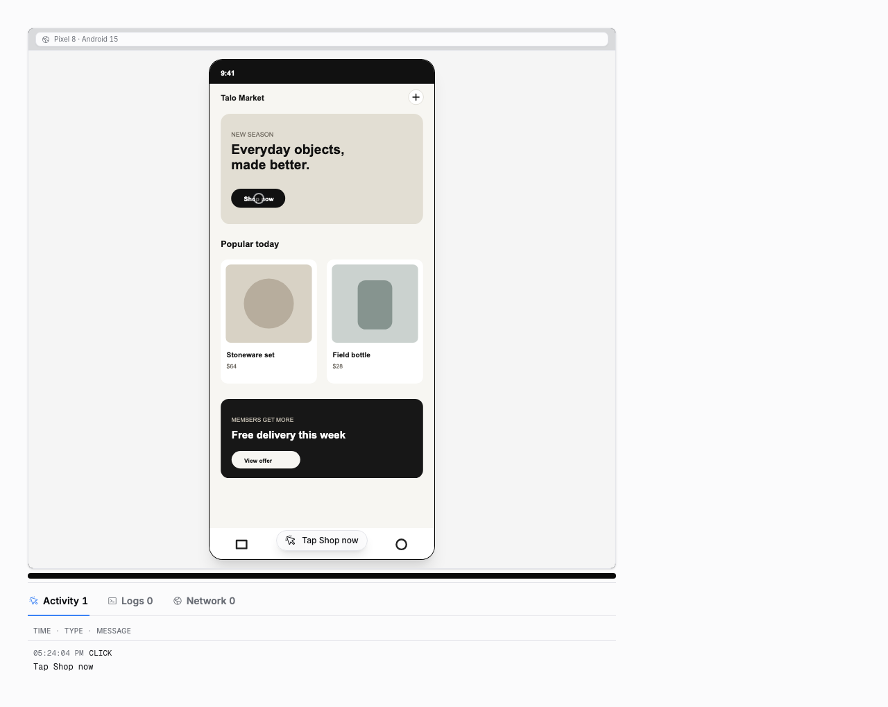 TaloTrace native observation component displaying a fictional Talo Market app, touch marker, and activity timeline