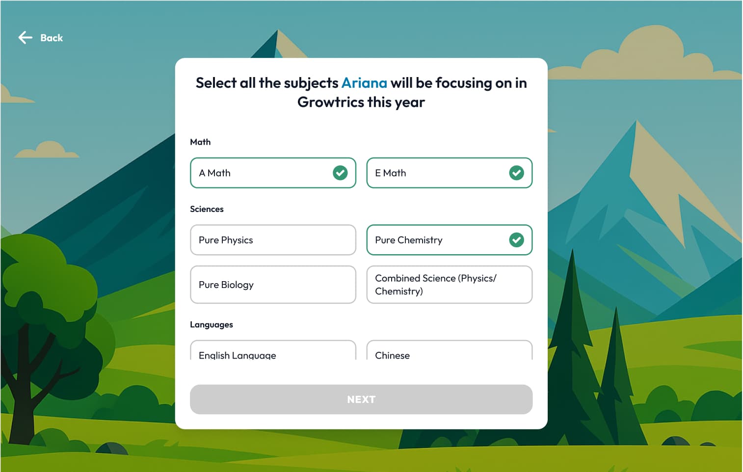 Historical Growtrics Academy subject-selection interface from the product’s original landing page
